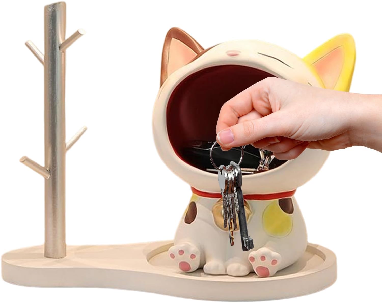 玄関テーブル用キーボウル, 樹脂製猫像 開運グッズ, 鍵用装飾ボウル, キャンディ用 ホーム リビングルーム ベッドルーム キャビネ