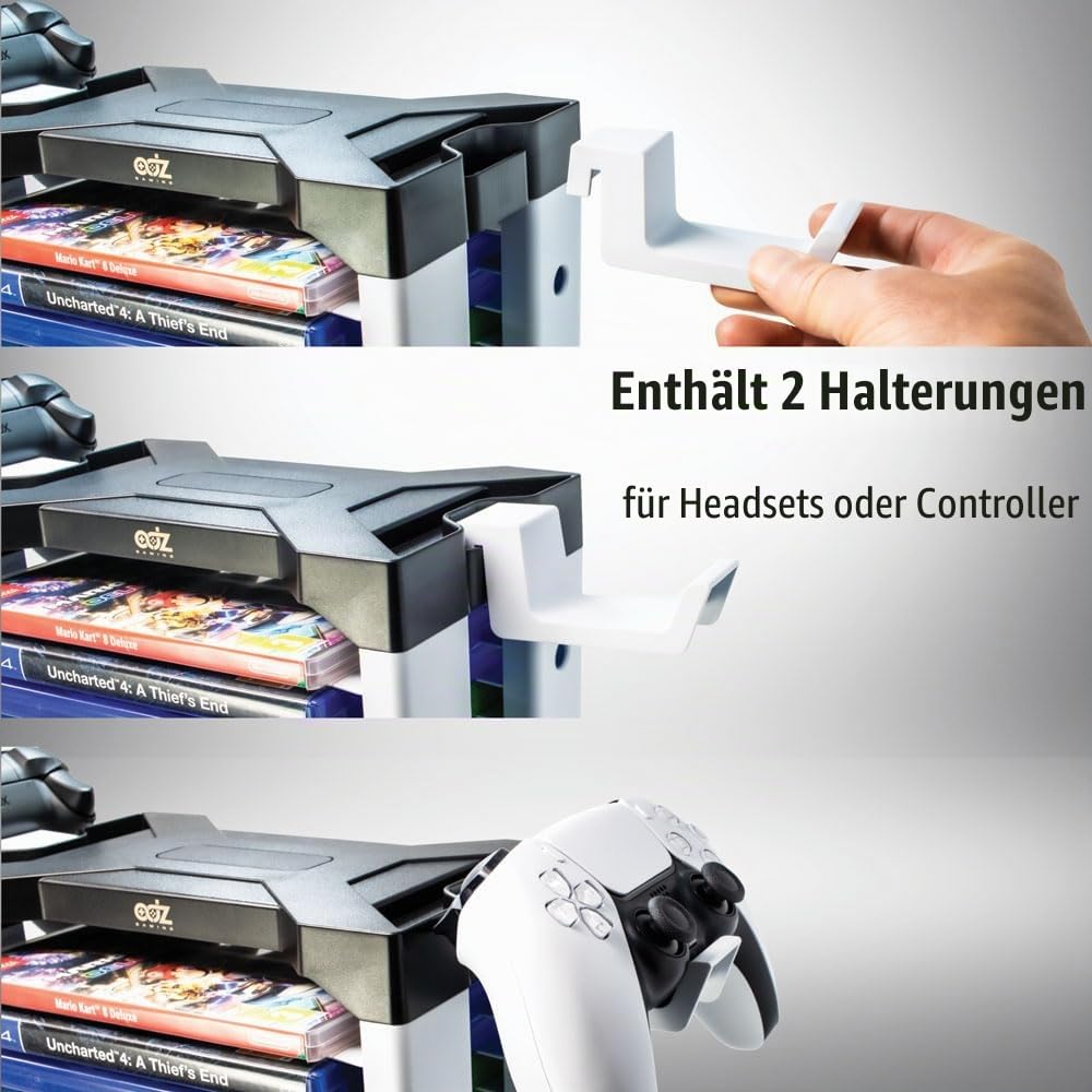 ADZ Universal Game Holder - 46 Game Storage Tower Rack for PS2 PS3 PS4 PS5 PSP Xbox 360 Xbox One Series X Wii Switch Games DVD and Blu-Ray Disks Includes 2 Controller Mounts (White)