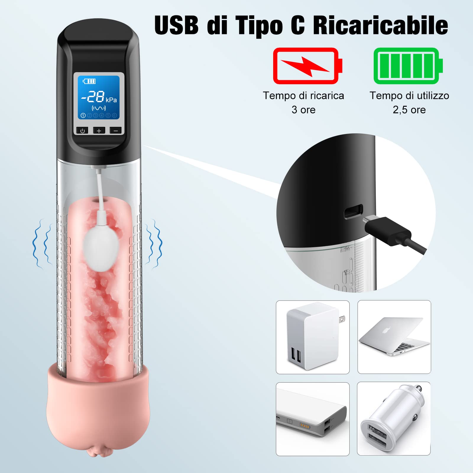 2 IN 1 Pompa per Pene Ingrandimento-Pene Pompe Elettriche con 6 Potenze di Aspirazione e 9 Intensità di Vibrazione - Automatica Maschile funziona Anche Come Masturbatore Realistico