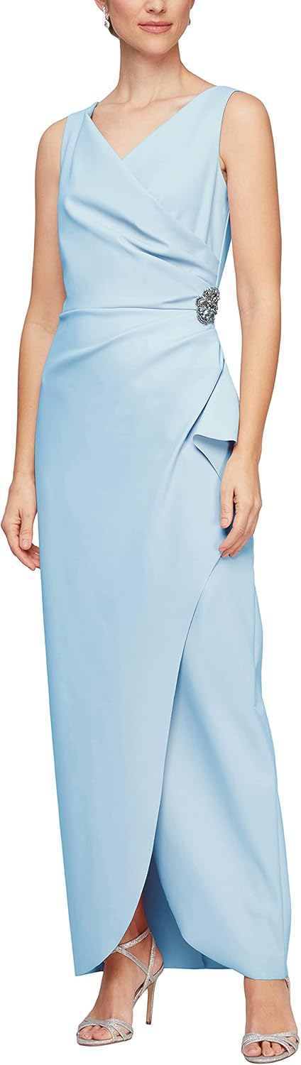 Alex Evenings Women's Slimming Long Side Ruched Dress with Cascade Ruffle Skirt