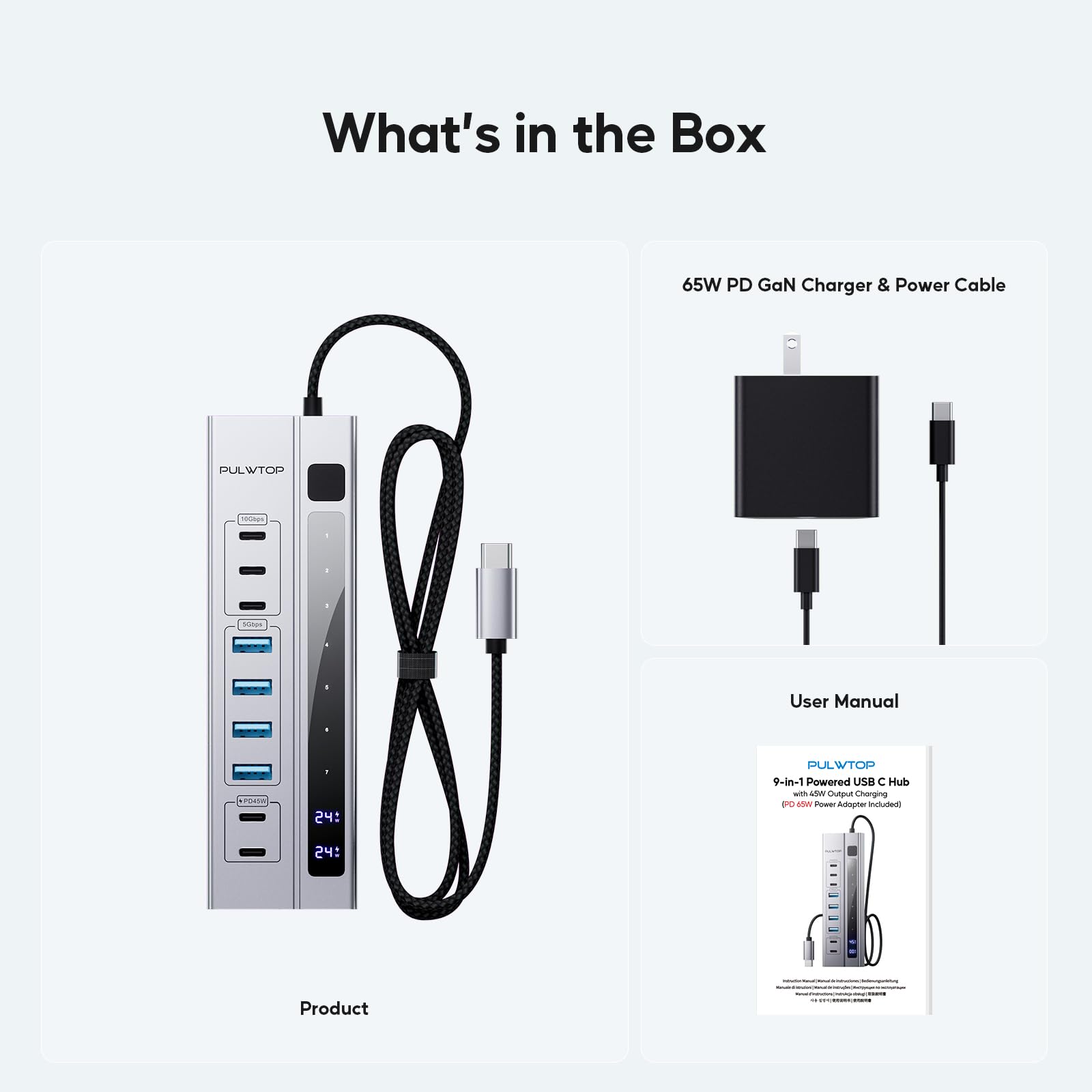 Hub USB Alimentado con Adaptador de PD 65 W, Hub USB 3.2 con USB-C 10 Gbps, USBA de 5 Gbps y 2 Puertos de Carga USBC PD de 24/45 W, concentrador USB para portátiles y tabletas MacBook