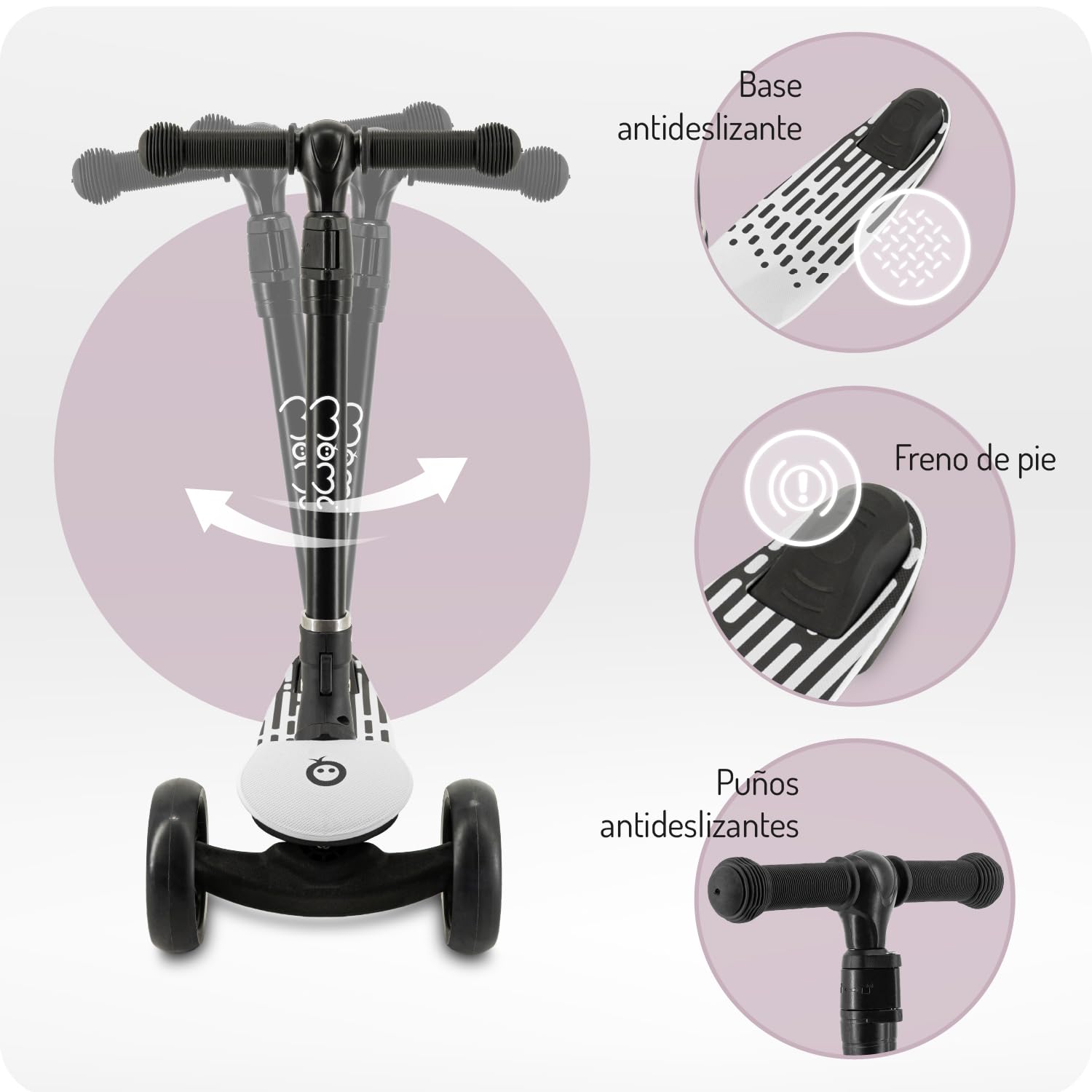 Patinete Infantil 3 Ruedas MoMi San 2 en 1, Manillar Ajustable (60/66/72 cm), Plegable, Ruedas LED con rodamientos ABEC-7, Freno de pie, Ligero (2,7 kg)