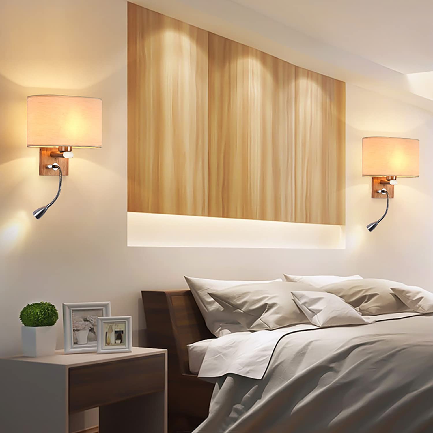 KZT Moderne LED Nachttisch Wandlampe mit Schalter 3 Farben Einstellbar Holz Wandleuchte Innen mit Leselampe E27 Stoffschirm Innenbeleuchtung für Schlafzimmer Wohnzimmer Kinder Hotel Büro Flurlampe