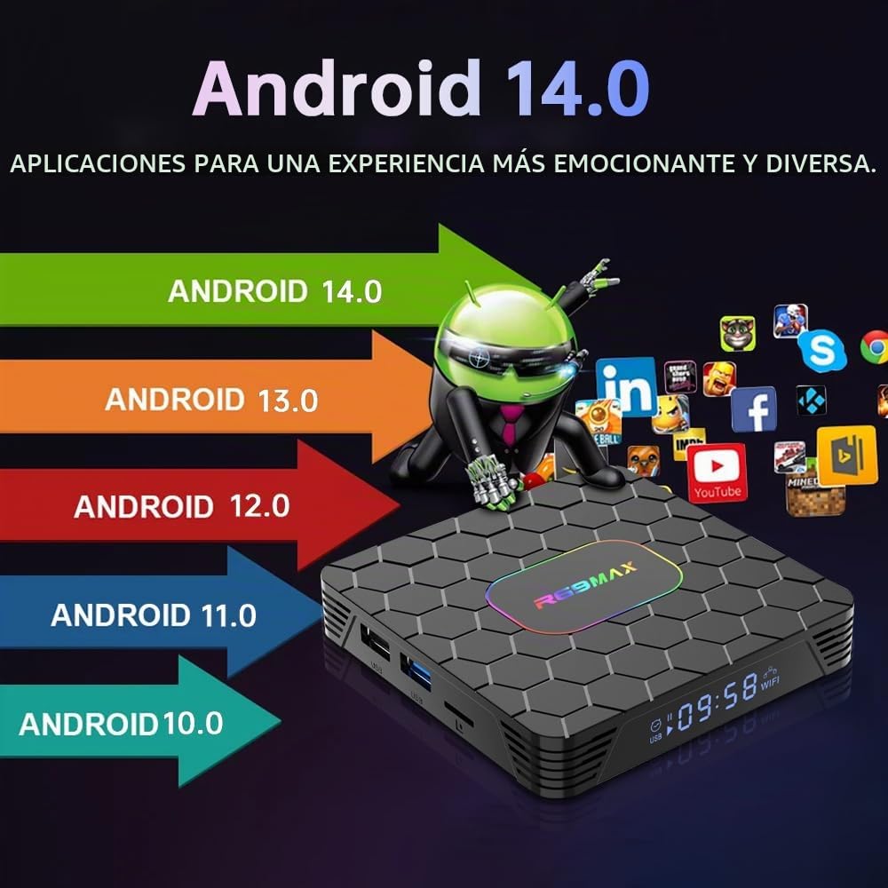 TV Box Android 14.0,R69MAX Smart TV Box with 4GB RAM 32GB ROM RK3528 Quad Core Arm Cortex A53 Mali-450 GPU Support 8K 3D 1080P 2.4/5.0GHz WiFi BT5.0 10/100M Ethernet DLNA HDMI2.0 H.265 USB3.0