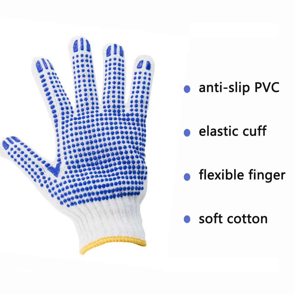 Lot de 12 paires de gants de travail blancs en coton avec revêtement en caoutchouc à pois pour la construction, le jardinage, le nettoyage des gants de travail respirants