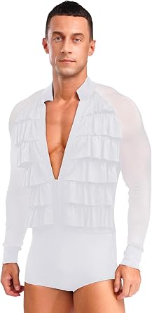 JanJean Mens Ballroom Latin Salsa Rumba Dance Shirt Long Sleeves Deep V-neck Tiered Ruffles Bodysuit