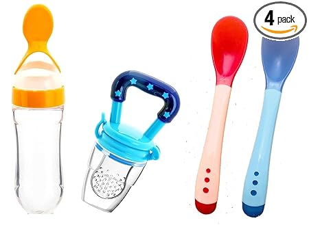 Manan Shopee Baby Feeding Set,Feeding Kit Needs Items All in One 1-Feeder 2 Color Changing Temper - Sensor Spoon and 1- Food Fruit Nibbler (Combo Pack) (Multicolor7)
