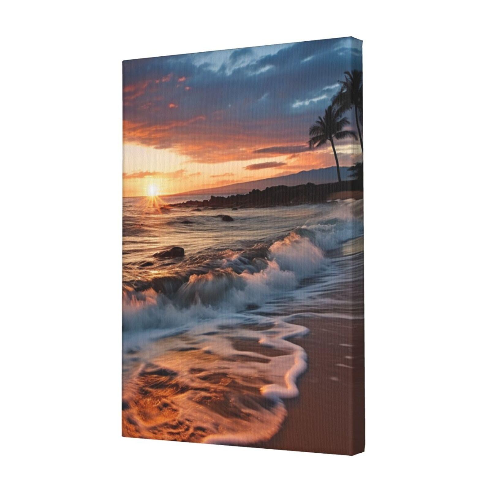 Beach Maui Hawaii Sunset Sea Waves Clouds Canvas Wall Art for Living Room 12"x18" Modern Artwork Painting for Bathroom Hanging Canvas Prints Aesthetic Wallart for Bedroom Kitchen Office Wall Decor