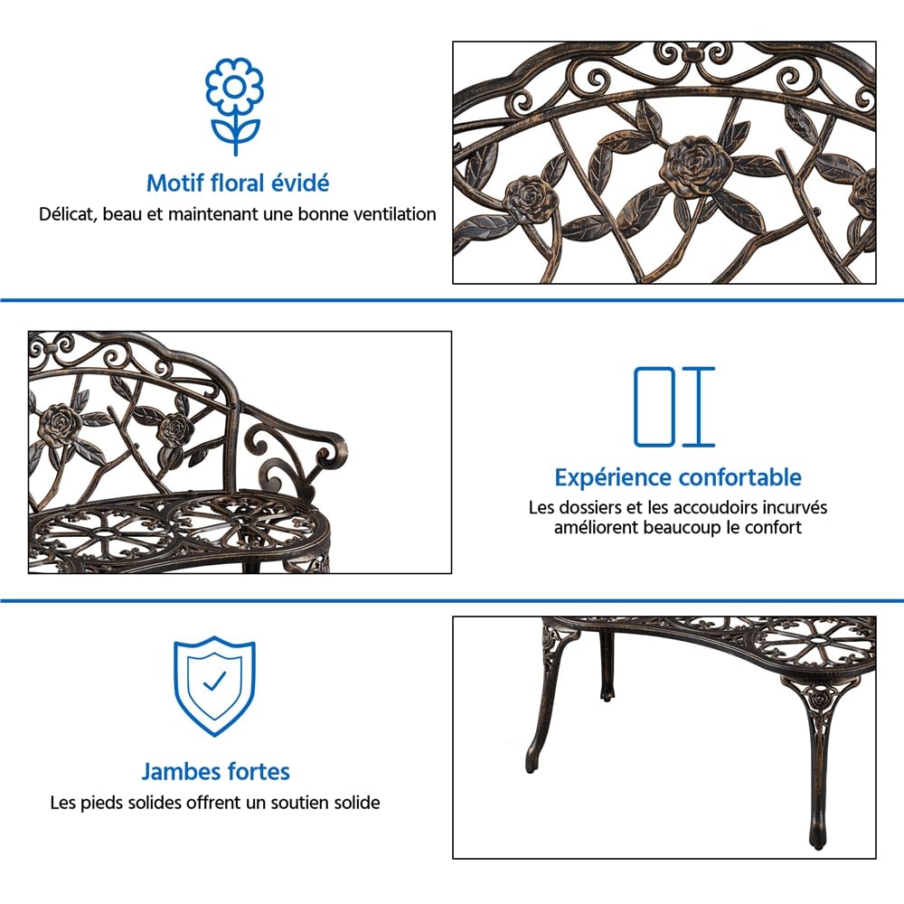 Yaheetech Banc de Jardin Extérieur Mobilier de Jardin en Aluminium Siège de Parc Bronze Vintage avec Dossier 99,5 x 57 x 78,5cm
