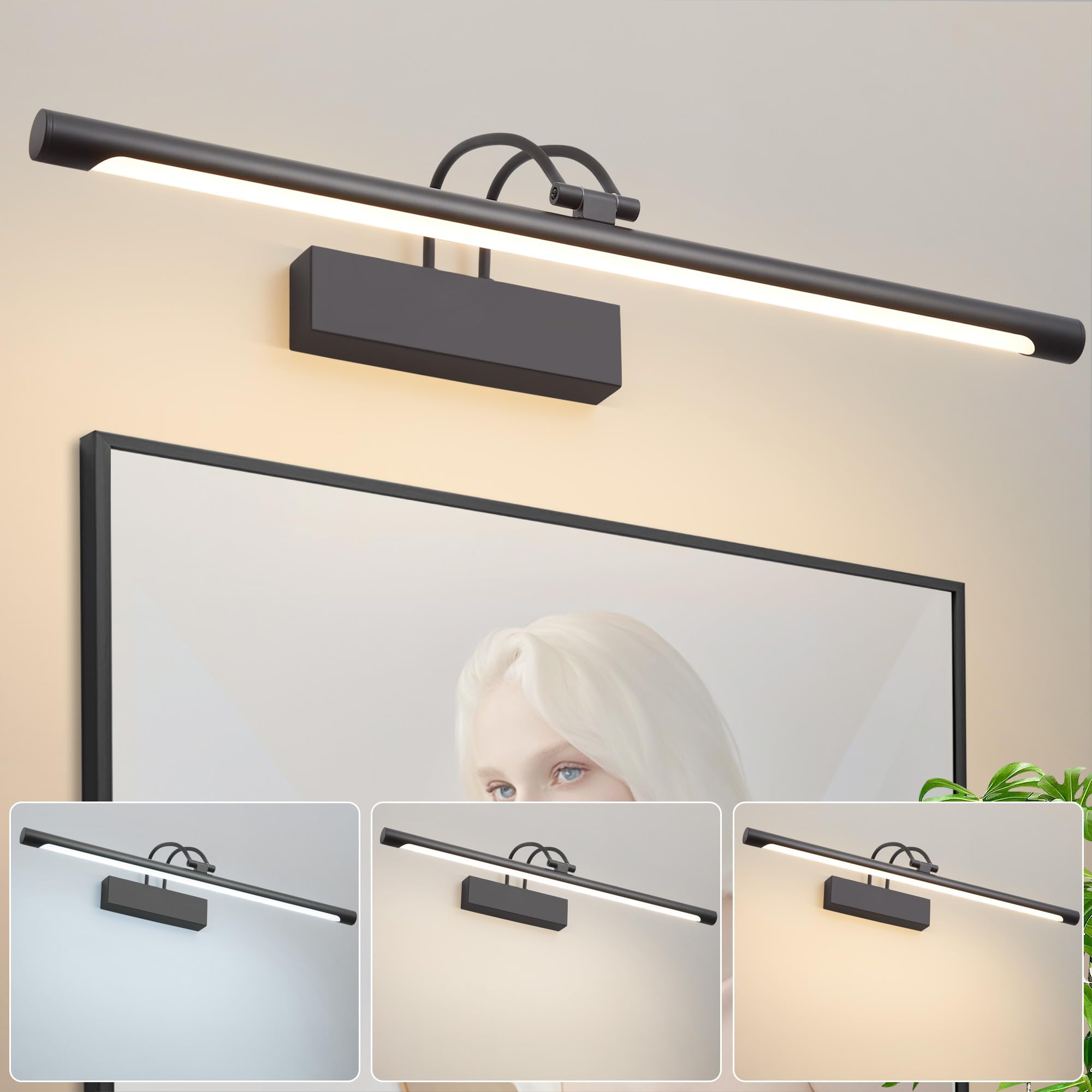 Schwarze Spiegelleuchte Bad LED Wandleuchte mit Schalter 60cm IP44 10W 270° Einstellbar 3 Farbtemperaturen 3000K 4000K 6000K 600LM Innen Badleuchte Bilderlampe Für Wohnzimmer Badzimmer Schlafzimmer