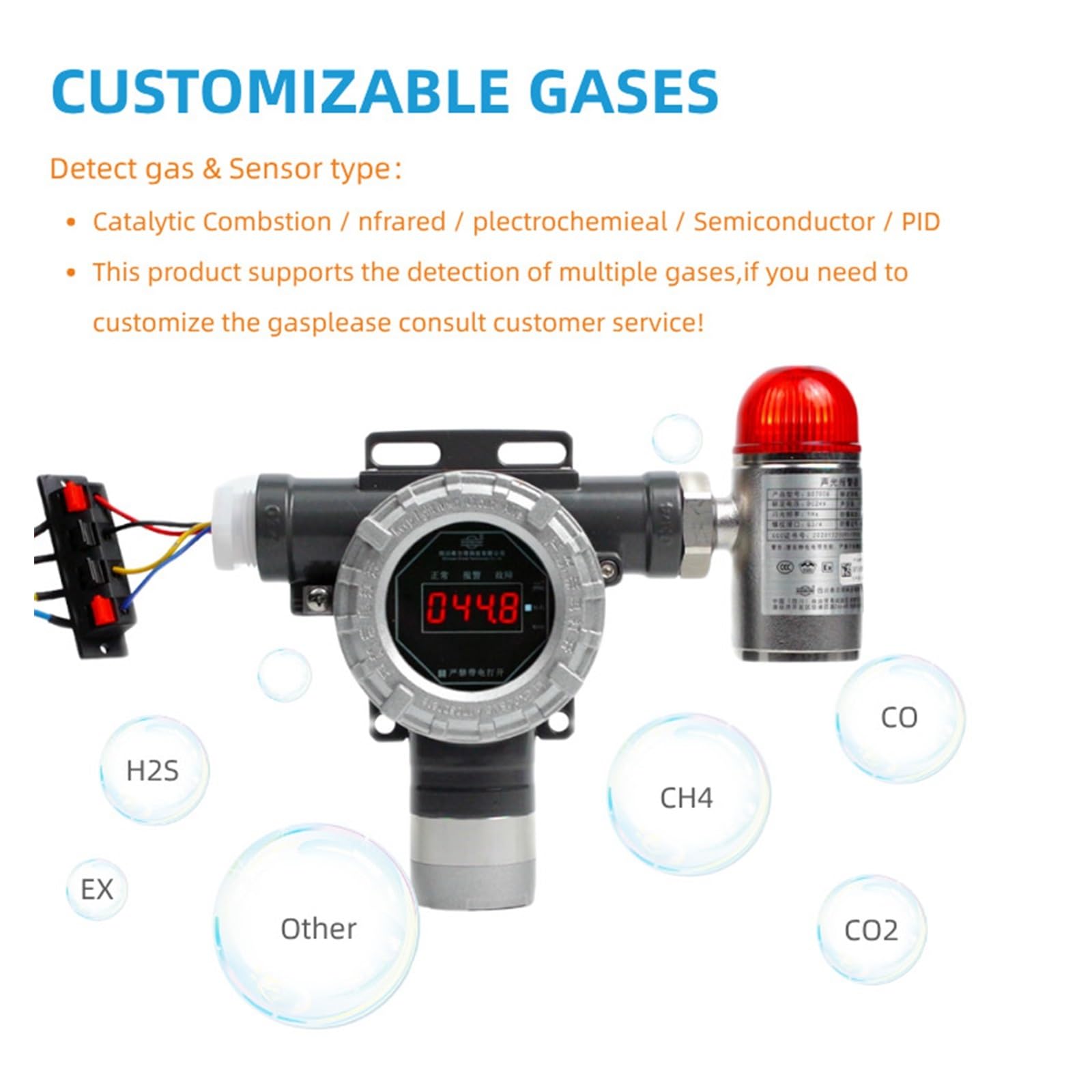 Fest installiertes Gasdetektor-Sicherheitssystem, Kohlenmonoxid, Ammoniak, Sauerstoff, Schwefelwasserstoff, Flüssiggas, fest installierter Gasanalysator(Sound Light Alarm)