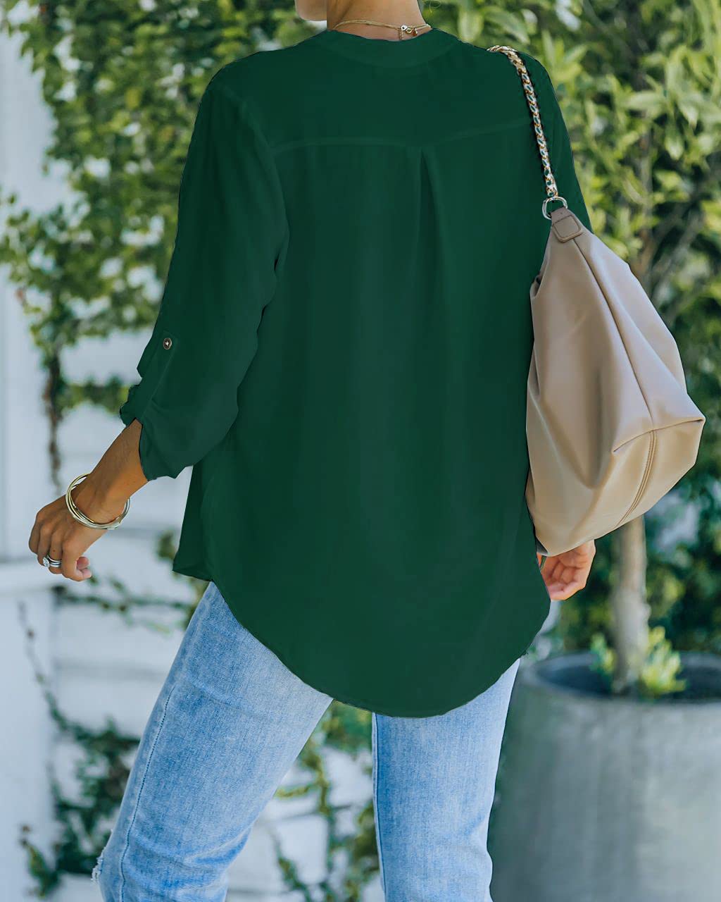 NONSAR Camicetta da donna Henley, elegante, con scollo a V, maniche arrotolabili, in stile casual