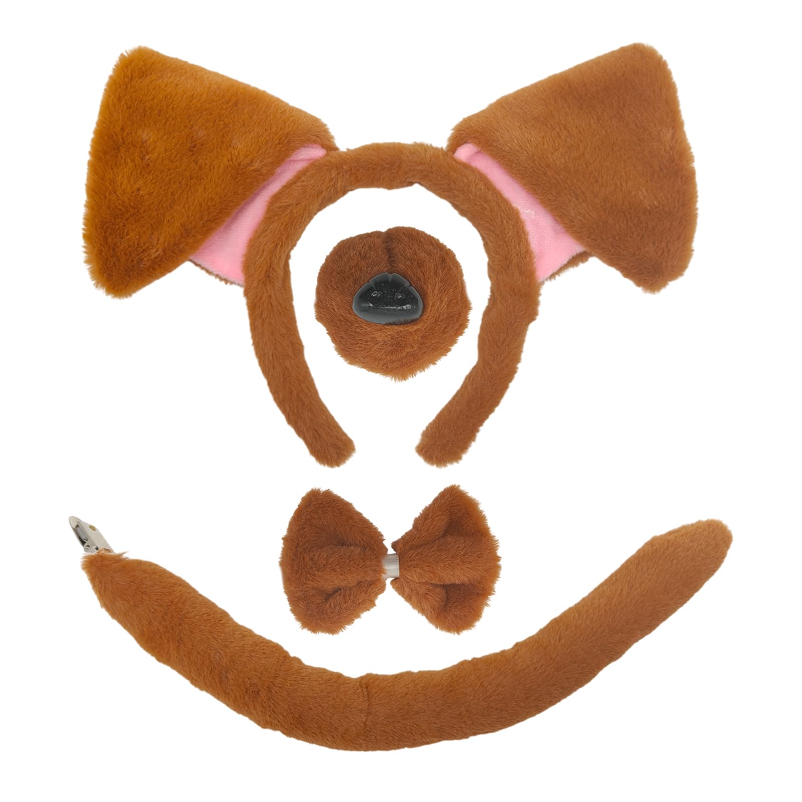 TUONYIS 4 Pcs Puppy Dog Costume Set, Puppy Ears Headband Bowtie Fake Nose Tail, Dachshund Dog Set, Floppy Furry Animal Costume Accessories for Children Adults, Halloween Theme Party (Brown)