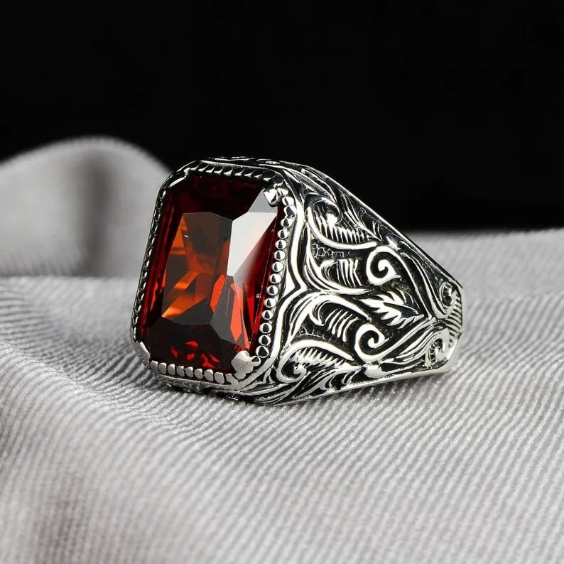 Amazon.com: Men Vintage Silver Simulated Ruby Stone Ring,Emerald