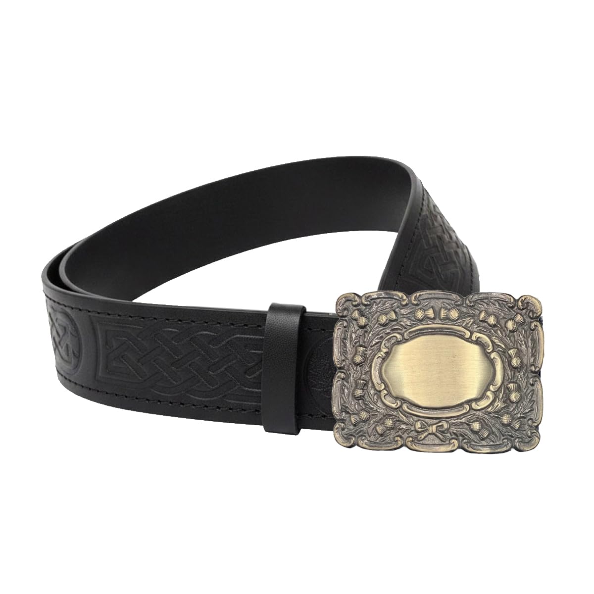 AAR Black Leather Thistle Design Scottish Highland Kilt Belt With Antique Finish Buckle, Antique-17041634, XXL