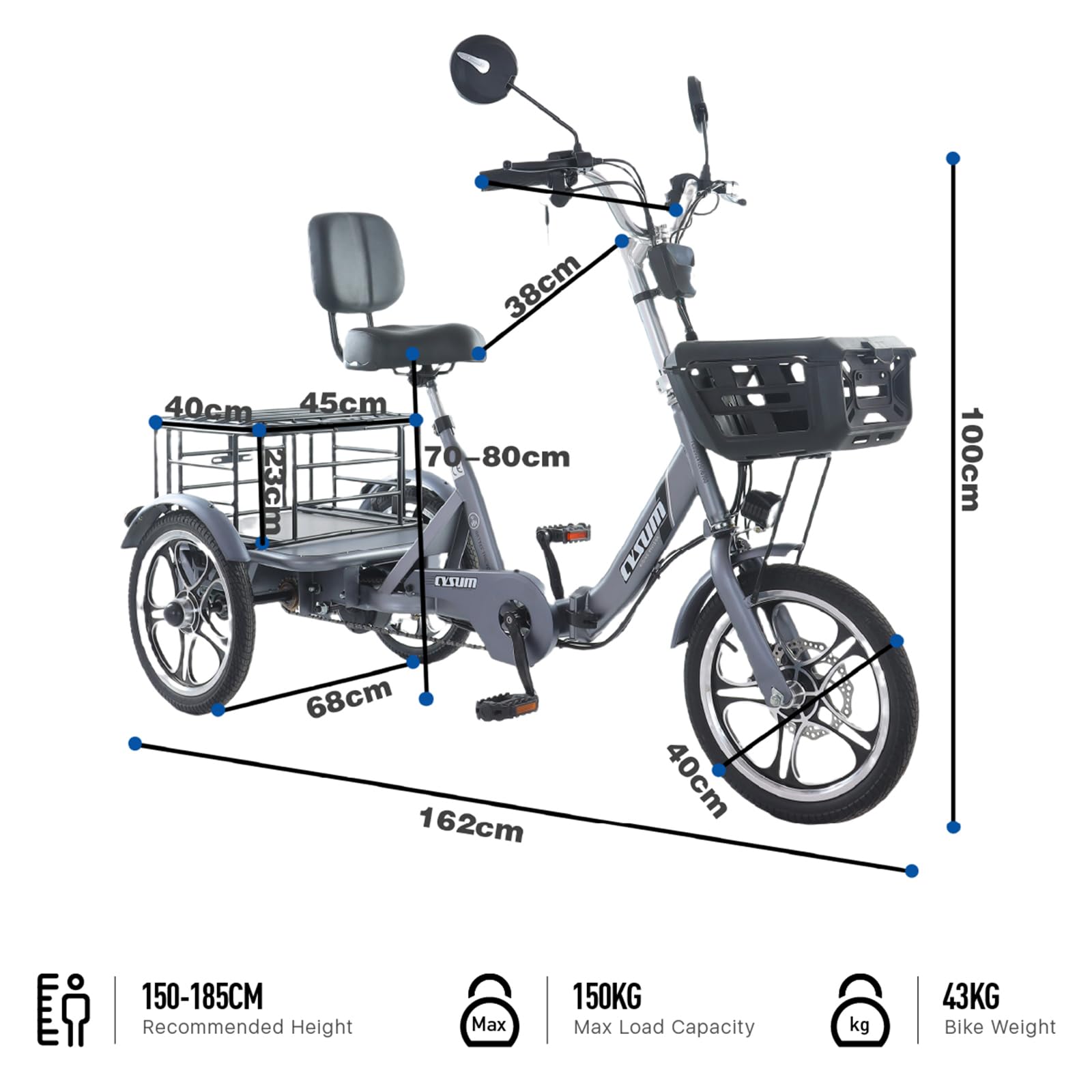 Triciclo Eléctrico para Carga, Vehículo Eléctrico Tres Ruedas, 16 * 2,3" Bicicleta Eléctrica Tres Ruedas, Cargo Electric Tricycle Li-Batería 48V 22Ah, 1056Wh Autonomía120-150km