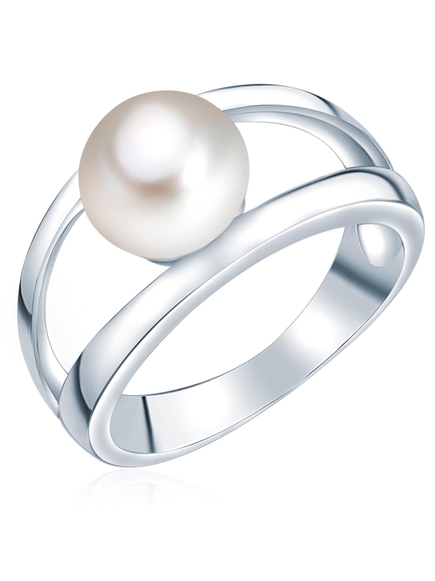 Valero Pearls Damen Perlenring mit Hochwertiger Süßwasser-Zuchtperle | Perlengröße 8-9 mm,Button-Form,weiß,925/- Sterling Silber,Silberring,mit echter Perle,Damenring,geteilte Ringschiene,