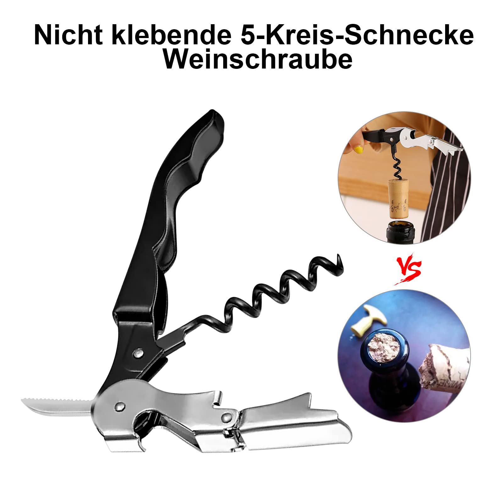 Korkenzieher Weinflaschenöffner mit Weinverschluss Corkscrew Edelstahl 2 in1 Flaschenkorkenzieher Set mit Folienschneider Wein Öffner Screwpull Flaschenstopfen Weinöffner für Camping, Zuhause, Küche