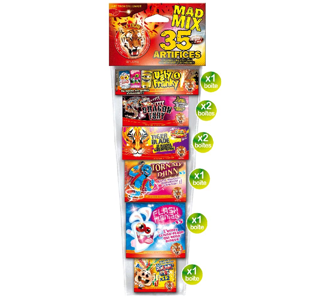 SPARKLERS CLUB Assortiment de 35 PETARDS et Feux d'artifice MAD Mix 6 Sortes de Petits artifices pour s'amuser. 6 boîtes. Idéal pour Vos évènements, pour Enfant & Adulte, Effet Garanti - Catégorie F1