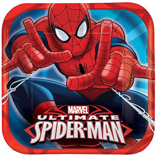 Spidey-Cool Spider-Man Birthday Party Square Luncheon Plates Tableware, Pack Of 8, Red/Blue , 9