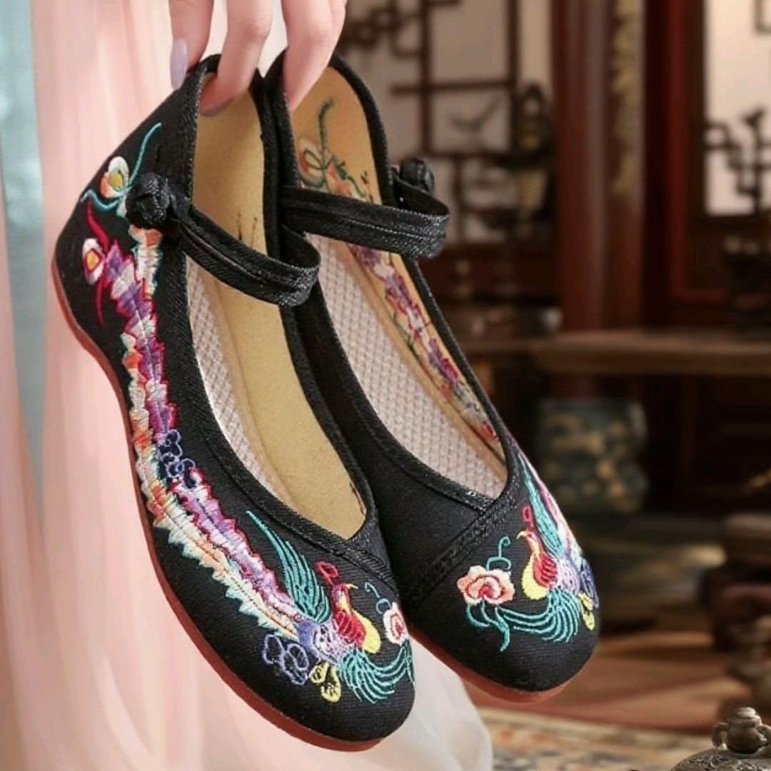 Chaussures Femme à Broderie Florale Chinoise Wedges Mary Jane Traditionnelles Asiatiques Chaussures de Ballet, Yoga, Mariage Toile Semelle Caoutchouc