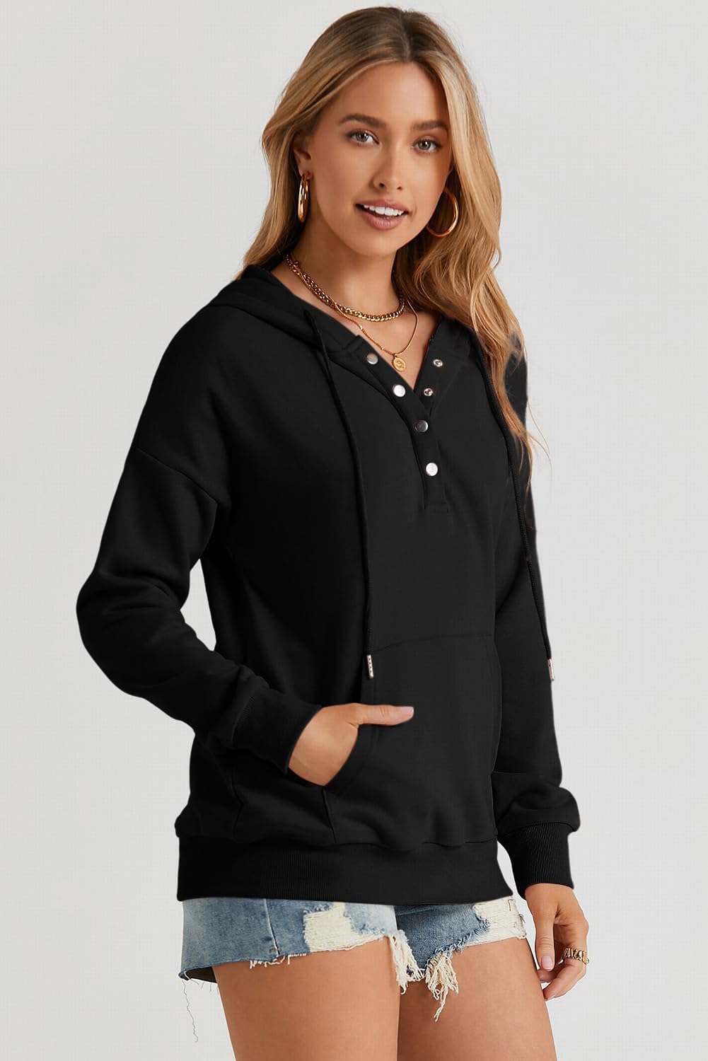 Dokotoo Womens 2025 Hoodies Button Collar Drawstring Hooded Pullover Sweatshirt Casual Long Sleeve Tops Shirts - Image 8