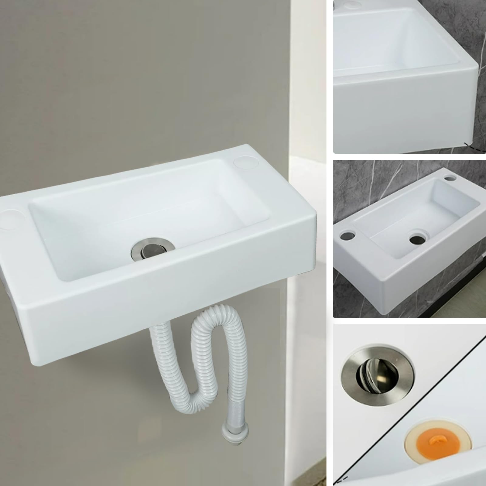 Fregadero rectangular simple, pequeño lavabo blanco, lavabo de plástico montado en la pared, blanco, apto para uso en interiores y exteriores [tubo de drenaje de cabeza de plástico de 75 cm]