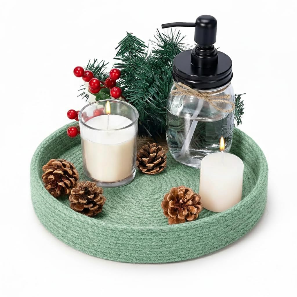 BOBBINY Decorative Round Rope Tray for Decor - Rope Tray for Kitchen Dining Room Table - The Perfect Small Candle Serving Tray for Coffee Table and Home Decor (Light Green, 10x10 Inch (Pack of 1))