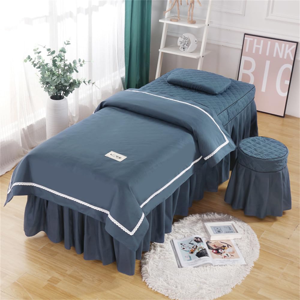 Surwin Juego de Sábanas de Masaje de 4 Piezas,Falda De Mesa De Masaje Funda De Cama De Salón Respirable Protector de Cama con Agujero para la Cara (180x60cm,Azul marino)