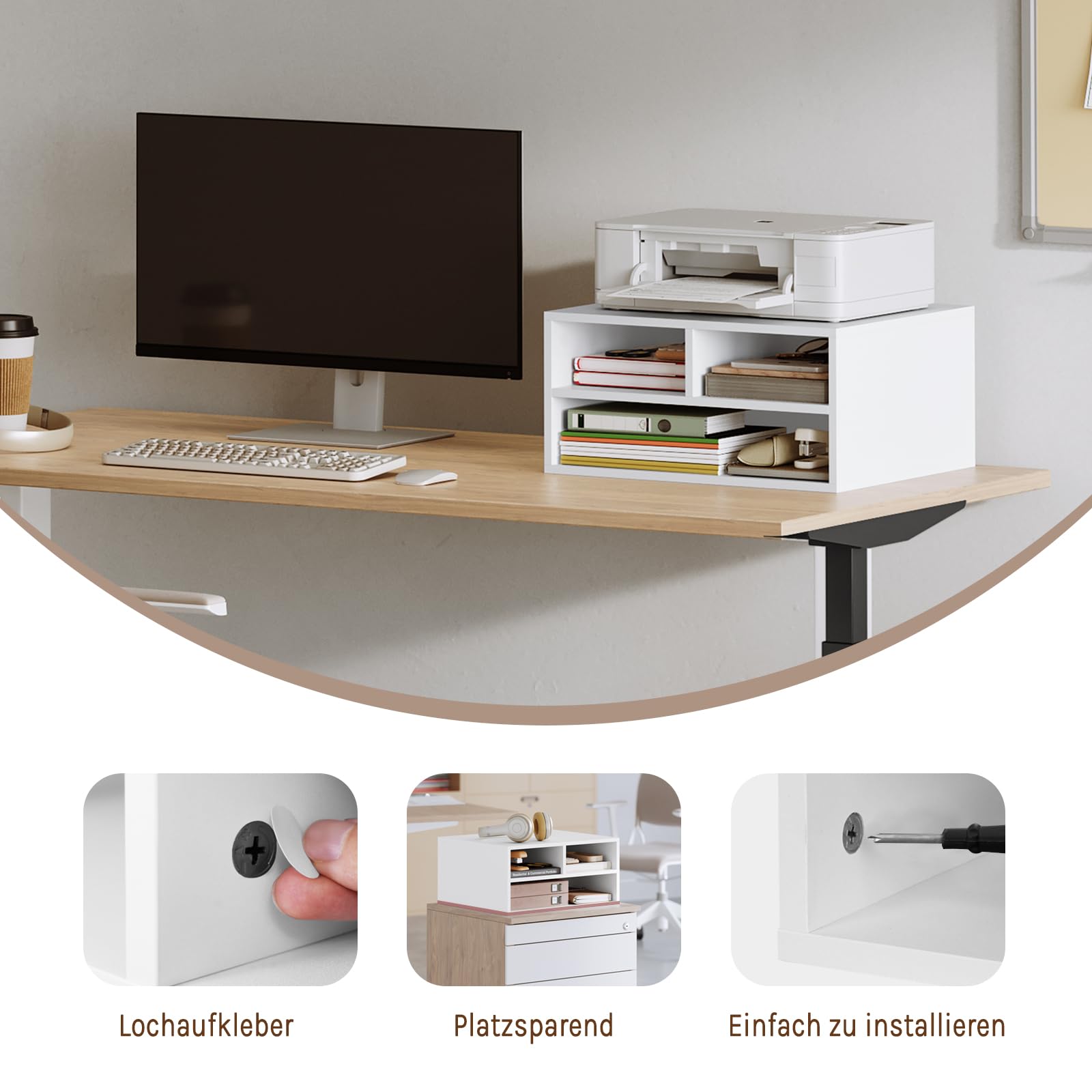 WOLTU Schedario da Ufficio a 2 Livelli con Custodia, Porta Stampante da Scrivania in Legno con 3 Scomparti per l'Ufficio, 47x40x22,5cm, Bianco, ASK15ws