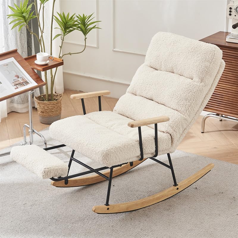 Image of Rocking Chair Nursery with Footrest, Nursery Rocking Chairs with Adjustable Backrest and Armrest, Comfy Glider Rocking Chair, Reading Arm Glider Chair for Living Room, Bedroom, Teddy Fabric in Beige