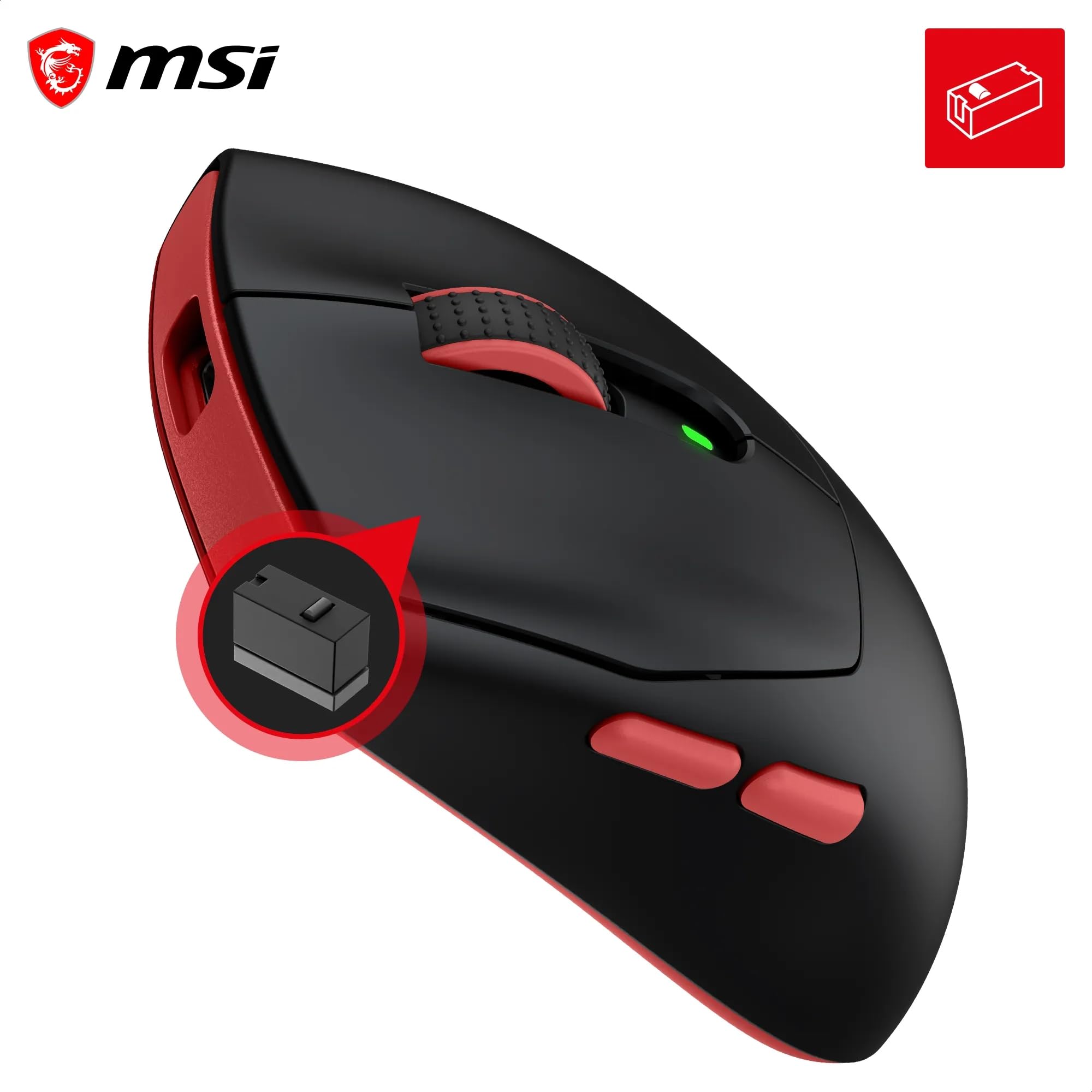 MSI Forge GM340 Wireless Black Bezprzewodowa/przewodowa mysz do gier, 12000 DPI, częstotliwość odpytywania 1000 Hz, symetryczna konstrukcja, 50+ milionów kliknięć, 6 przycisków, autonomia 82 godziny