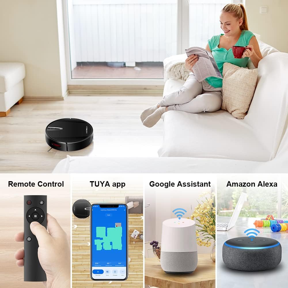 Control options for LIECTROUX M7S Pro: Remote Control, TUYA app, Google Assistant, and Amazon Alexa