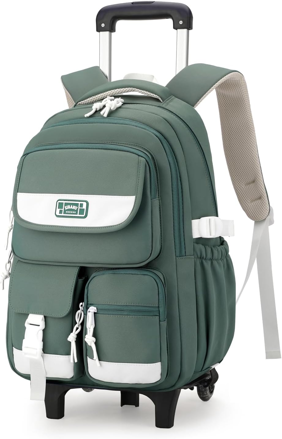Solid Color Girls Rolling Backpack with Wheels Schoolbag Elementary School Student Trolley Daypack, B-green-2 Wheels, 2 Wheels