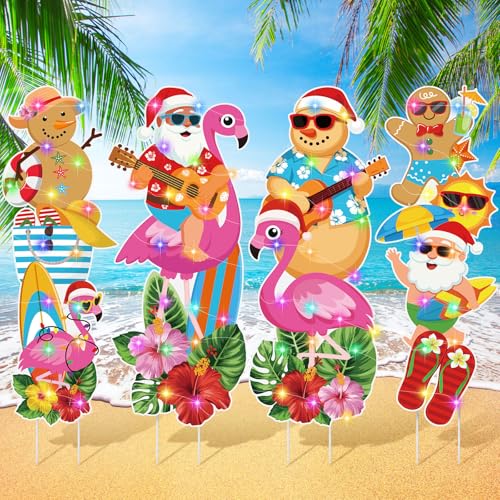Bencailor 4 Pcs Christmas in July Yard Decorations Outdoor with LED String Light Tropical Summer Christmas Flamingo Santa Snowman Gingerbread Yard Sign with Stake for Outside Garden Lawn Patio Decor