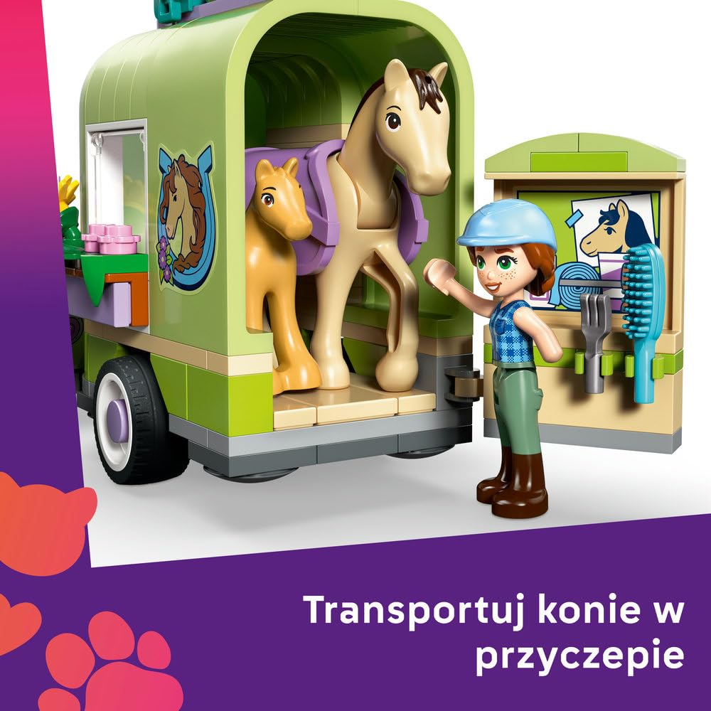 LEGO Friends Przyczepa z koniem i źrebaczkiem, zabawka dla dzieci z 2 minilaleczkami i figurkami zwierząt, kreatywne klocki na prezent dla 7-latki, dla dziewczynki, chłopca, miłośniczki koni 42695