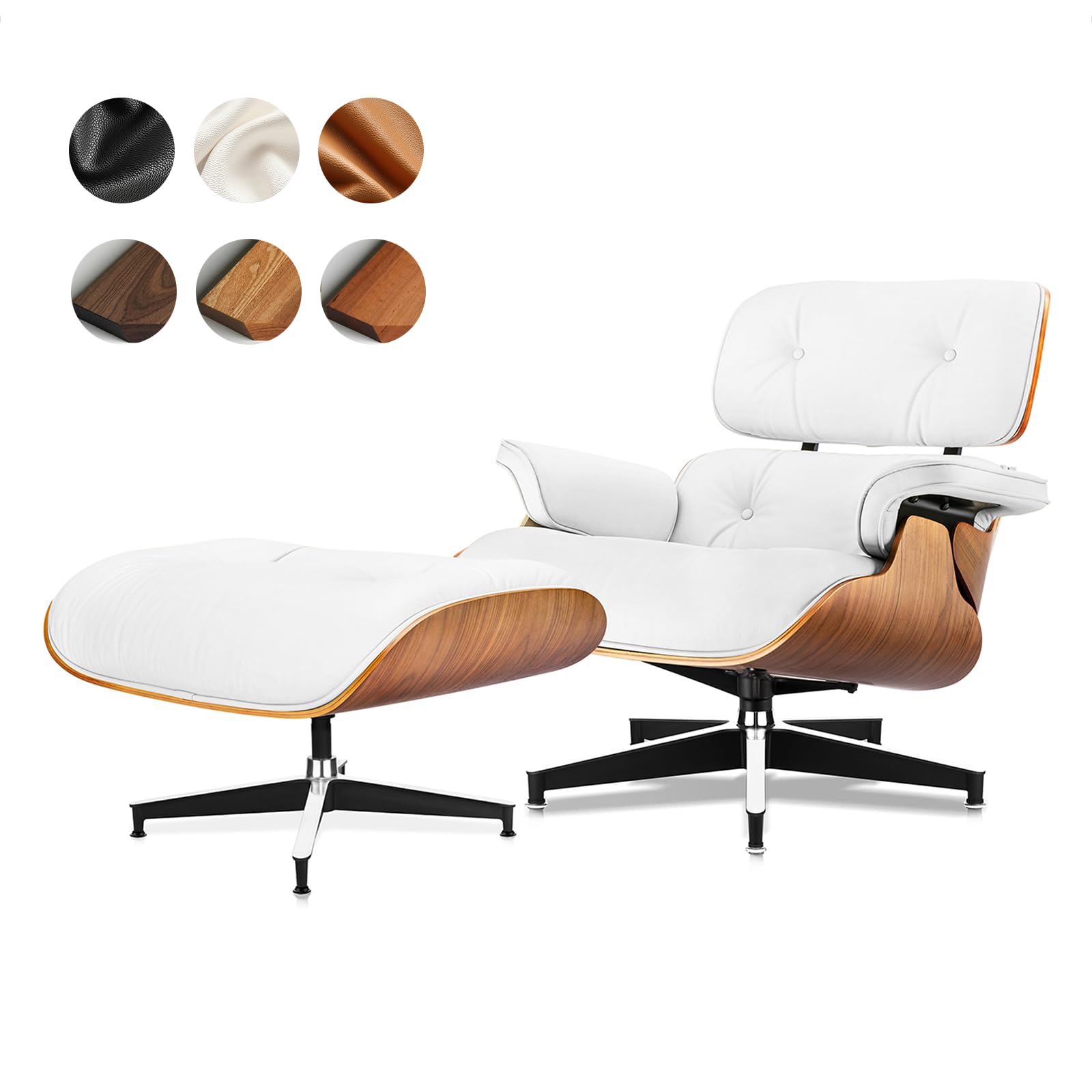 Top Grain Leather, Mid Century Chaise Lounge Chair and Ottoman, Modern Chair Classic Design, Heavy Duty Base Support for Living Room Study Lounge Office, Walnut-White, Heightening