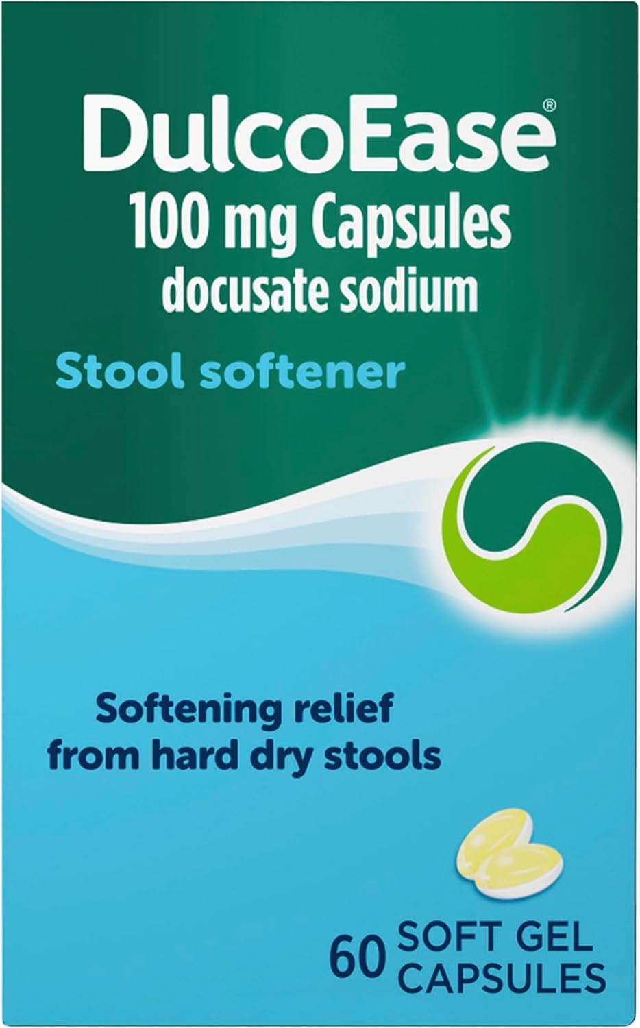 DulcoEase100 mg Docusate Sodium Capsules - Softening Constipation Relief - Pack of 60 Soft Gel Capsules - Stool Softening Laxative
