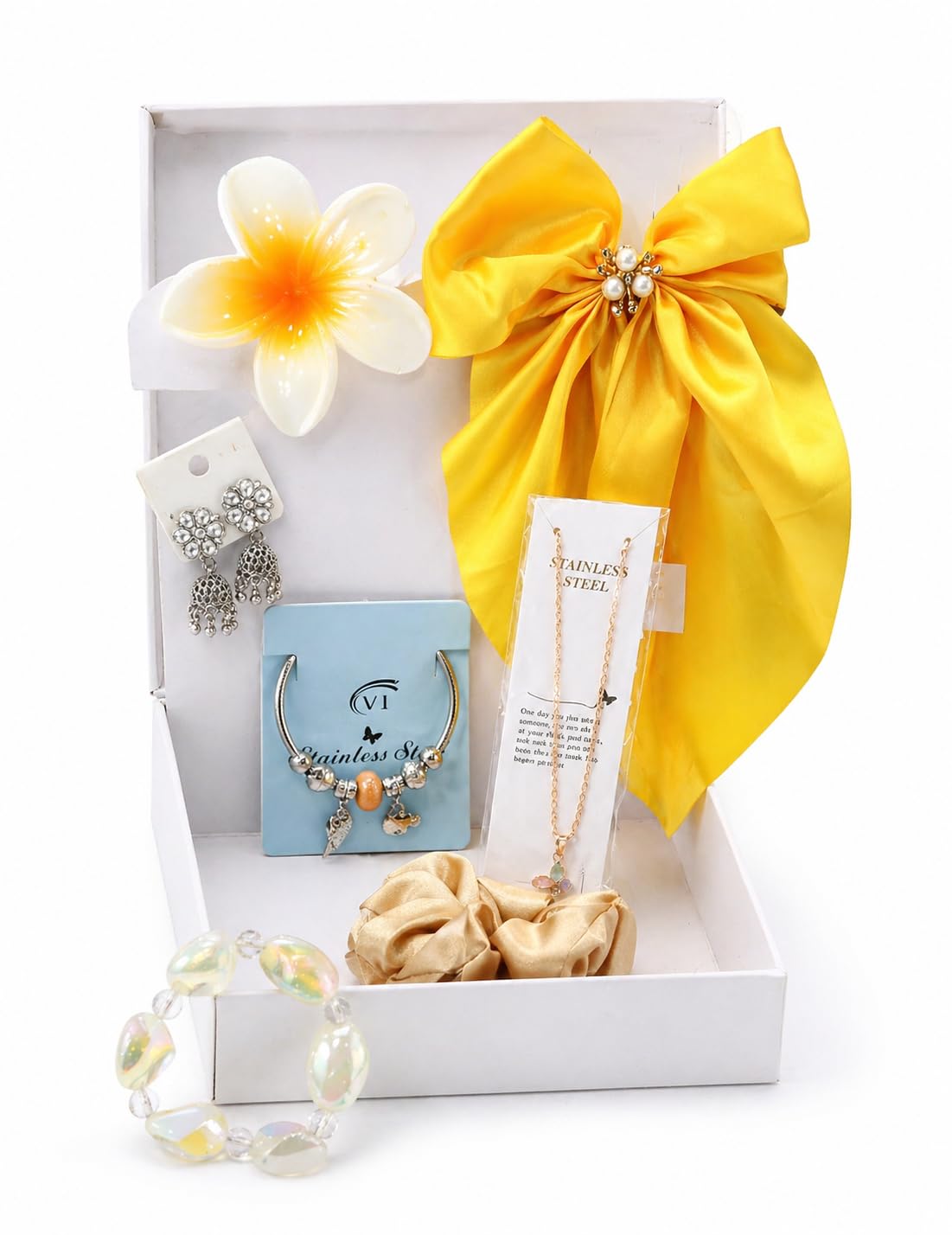 7-Piece Budget Gift Hamper for Women & Girls | Stylish Pendant, Charm Bracelet, Jhumka, Satin Bow, Scrunchie & Big Flower Claw Clip | Surprise w Random Colors & Designs-image-10