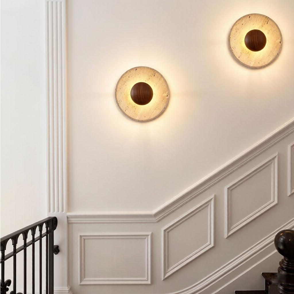 Wabi-Sabi Travertin-Wandleuchte Natürliche Gelbe Travertin-Wandlampe Mit Massivem Walnussholz Minimalistische LED-Wandleuchte Mit Warmem Blendfreiem Licht Geeignet Für Schlafzimmer