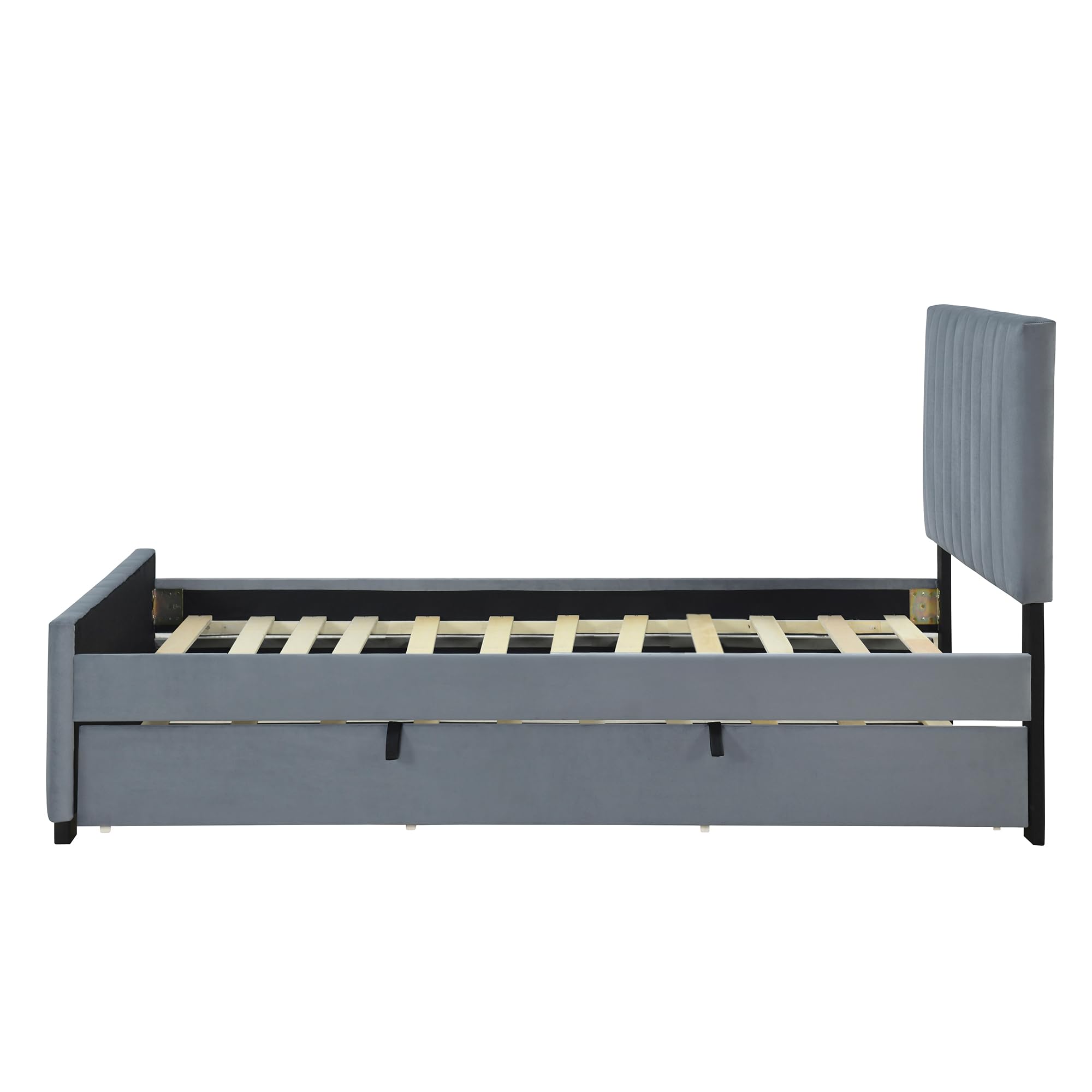 KAZZIO Cama tapizada de 90 x 190 cm con cama nido, cama individual plana en tela de terciopelo agradable a la piel, para niños, cama juvenil, cama de invitados, color gris