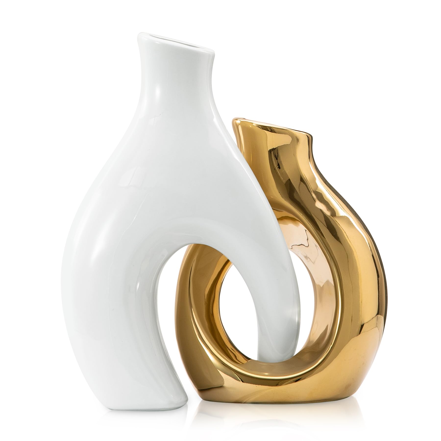 Jarrones blancos y dorados, juego de 2 jarrones de flores, bonito jarrón bohemio para decoración del hogar, jarrón hueco moderno de cerámica para centros de mesa