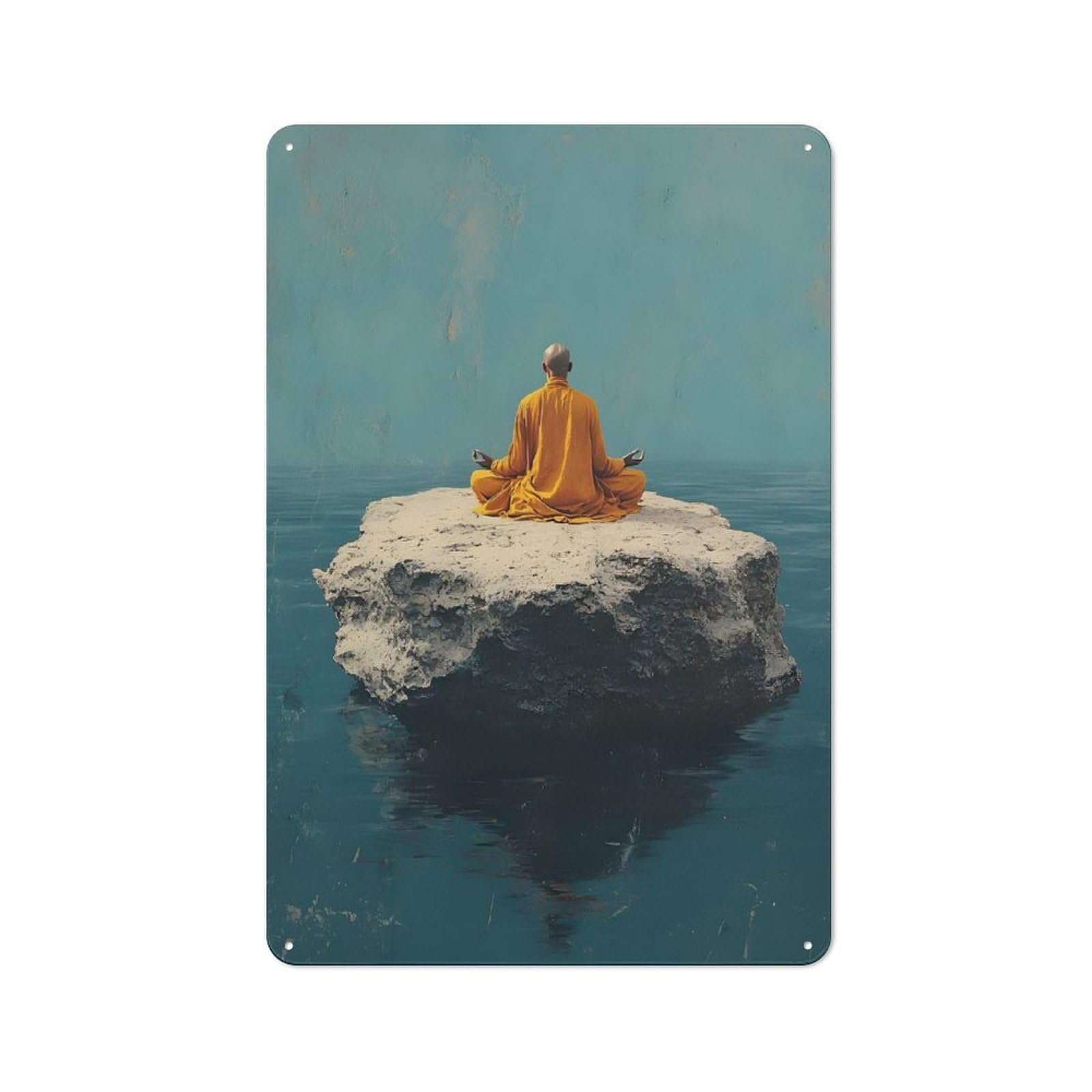 Junmoney Style-8 Monk Meditating On A Rock In The Ocean Decorative Tin Sign 30X20cm, Country Country Wall Plaque For Dining Room, Cafe, Entryway Or Family Room