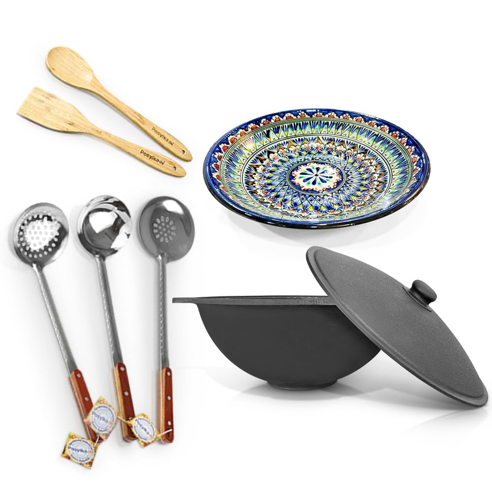 Set - Kazan Usbekisch Gusseisen 12L Topf Wok für Plov mit Flachem Boden mit Deckel, Holzlöffel, Schaumlöffel, Schöpfkelle, Holzspachtel, Abdecktasche, Lagan Teller Ø 34 cm, Unbeschichtet