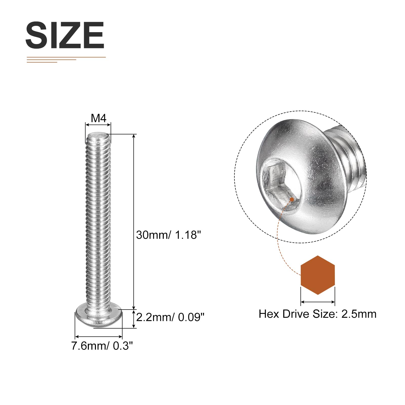 DTGN M4-0.7x30mm Button Head Socket Cap Screws - 25Pack - Good for Machine - 304 Stainless Steel 18/8 - Hex Drive Full Thread Fasteners - Image 2