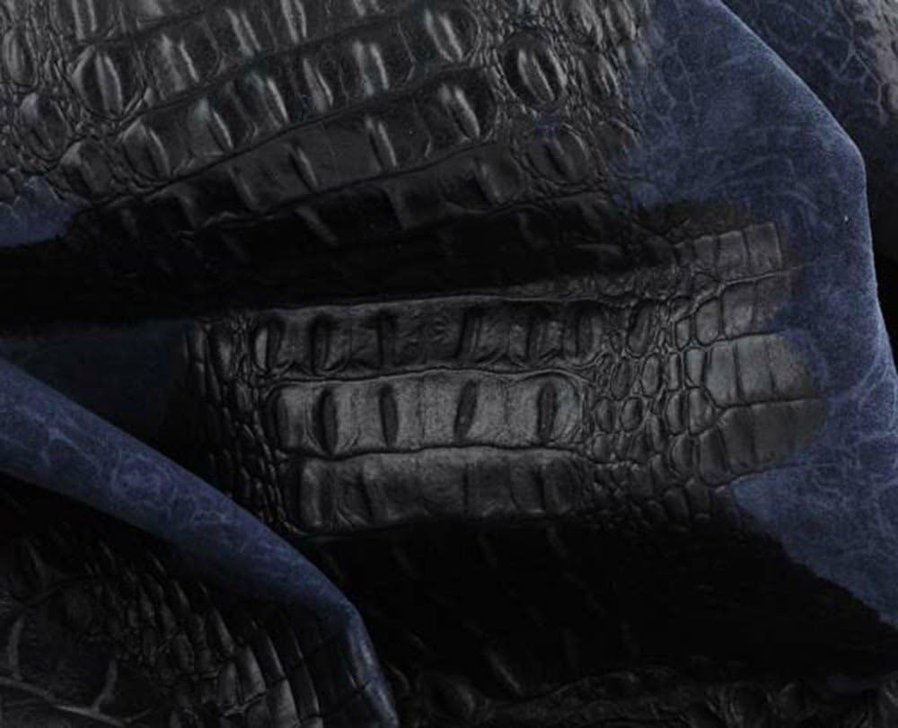 EXOTIC LEATHER SKIN HIDES - VARIOUS COLORS CROCODILE FULL SKIN HIDE - 12 Sq.ft (Horn Calf) (Navy)