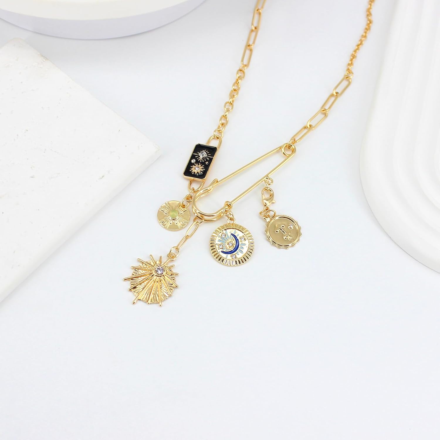 Gold Charm Necklace for Women, Detachable Women's Evil Eye Paperclip Charm Necklace, Gold Coin Necklace - Image 4