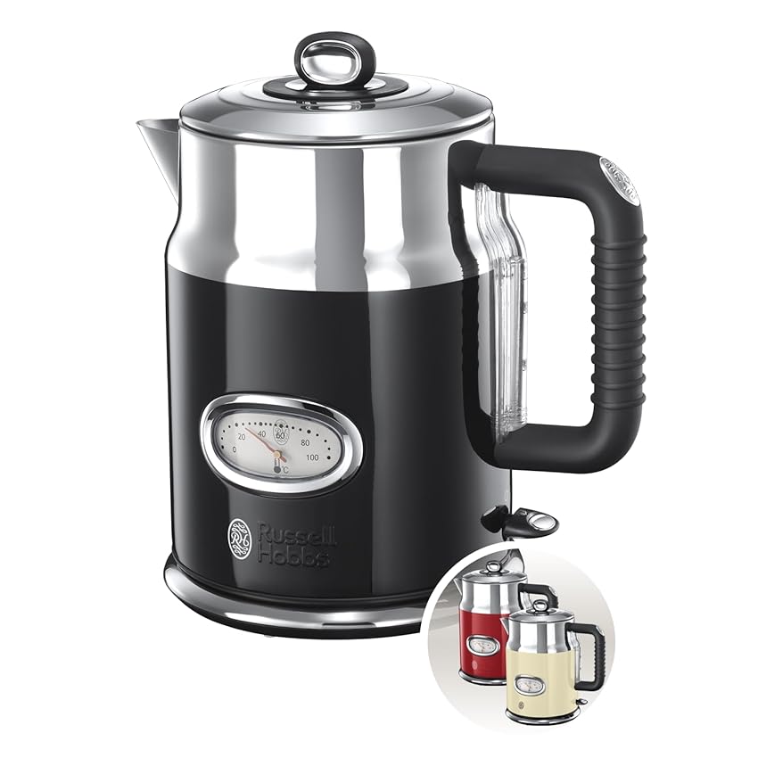 Russell Hobbs Bollitore Retro, Acciaio inox, Capacità di1,7L, 2400 Watt, Bollitura Rapida, Filtro Rimovibile, Nero, 21671-70