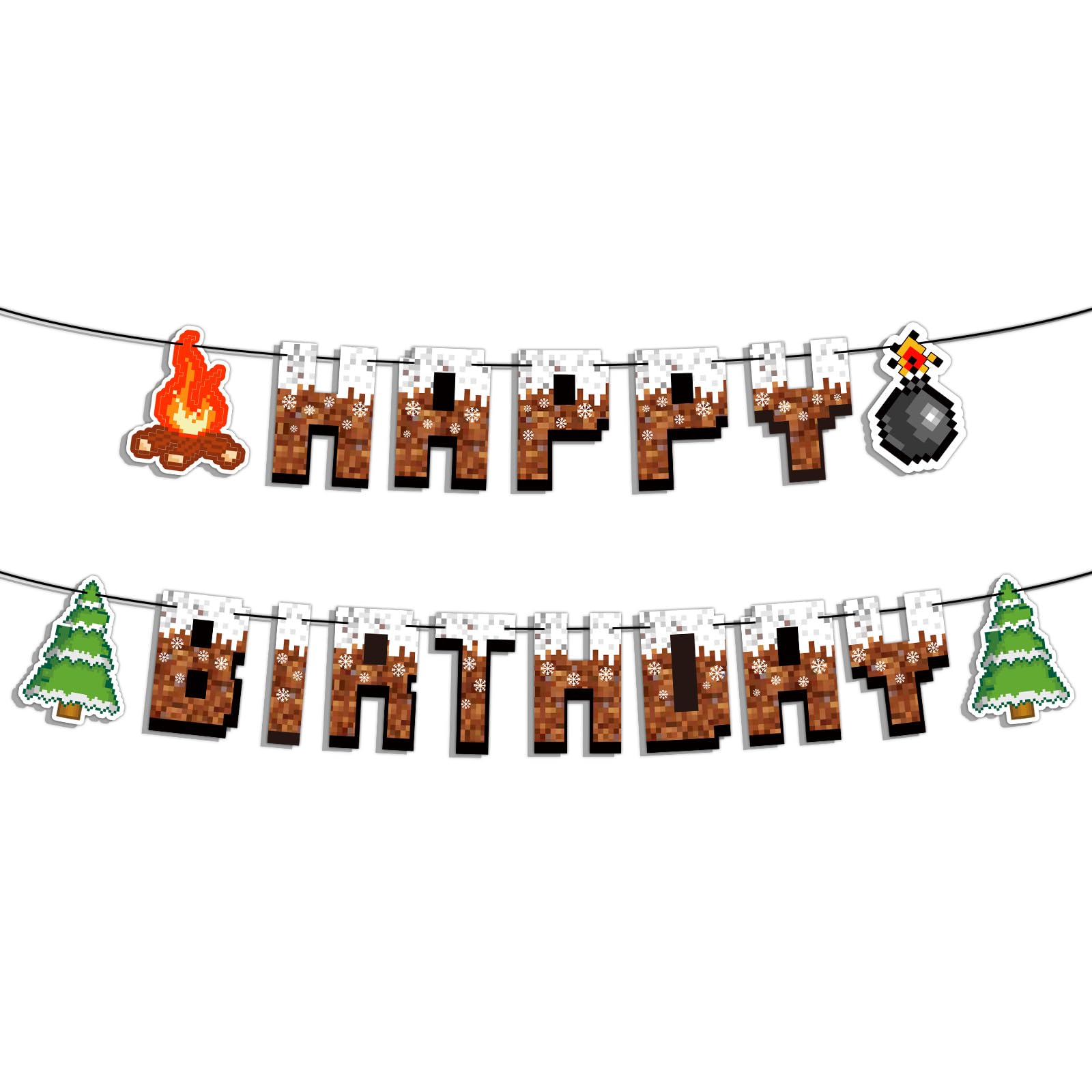 Pixel Birthday Banner, Pre-Strung Winter Video Game Theme Cartoon Happy Birthday Hanging Sign with Pine Tree and Bonfire Patterns Card for Party Backdrop Decor No DIY Needed