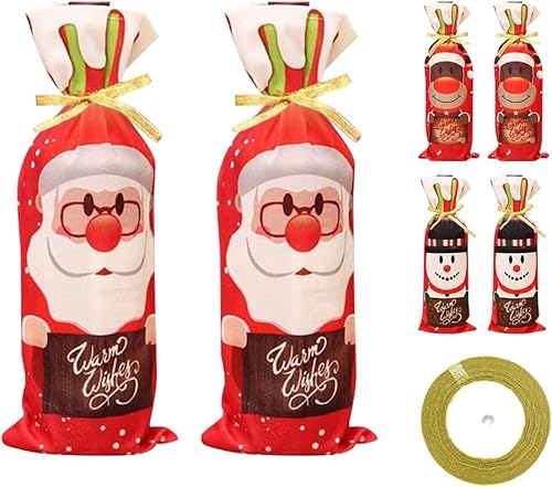 BUENTYA 6 PCS Christmas Wine Bottle Cover Bags Santa Claus Snowman Reindeer Pattern Red Cloth Wine Bags Xmas Bottle Gift Bags with Gold Ribbon for Christmas Party Festival Dinner Party Table Decor